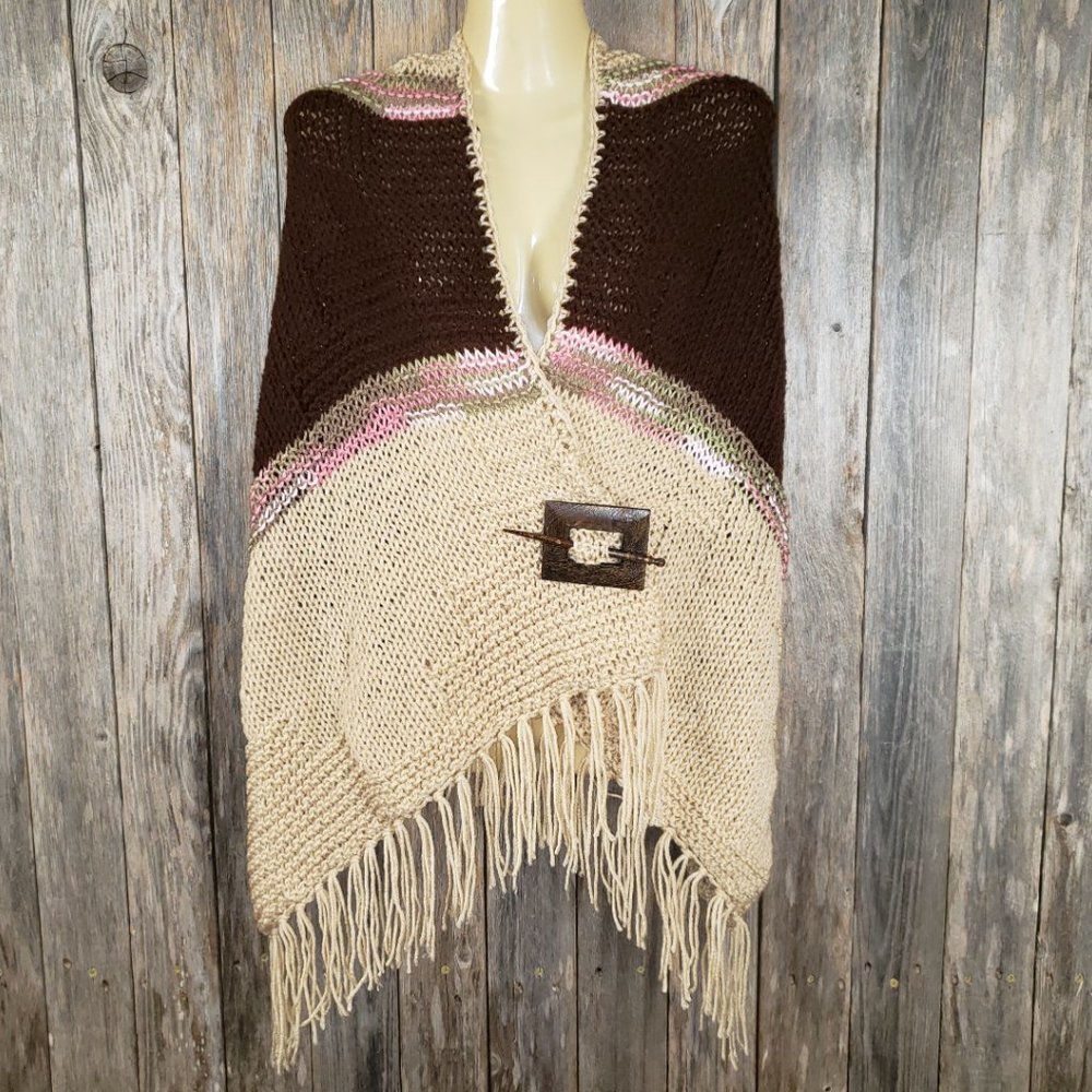 NEW Beige Brown Multi Hand Knit Shawl‎ Scarf Wrap Knitted Boho Hippie Handmade